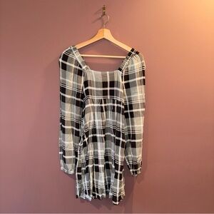 Gingham Black and White Square Neck Long Sleeve Mini Dress | S | Holiday Style